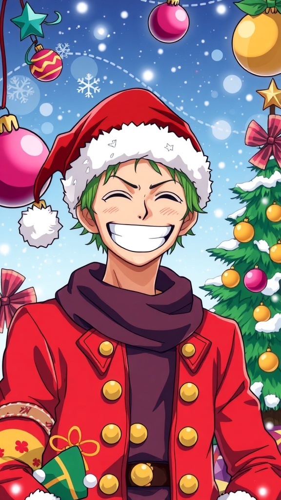Zoro in a Santa hat with Christmas decorations, perfect for a holiday profile picture.